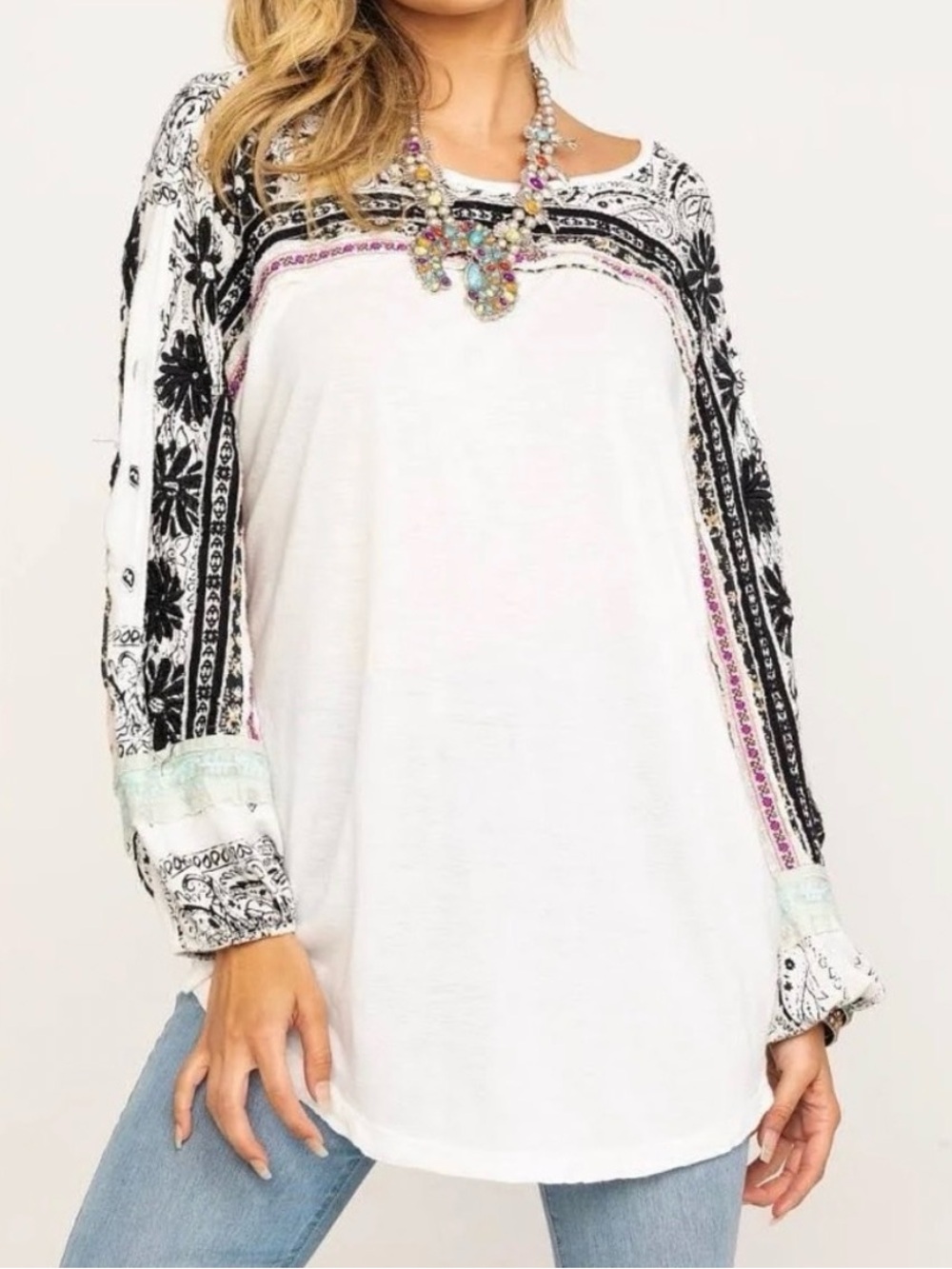 Free People Tripoli Boho Printed Sleeve White Women's Top